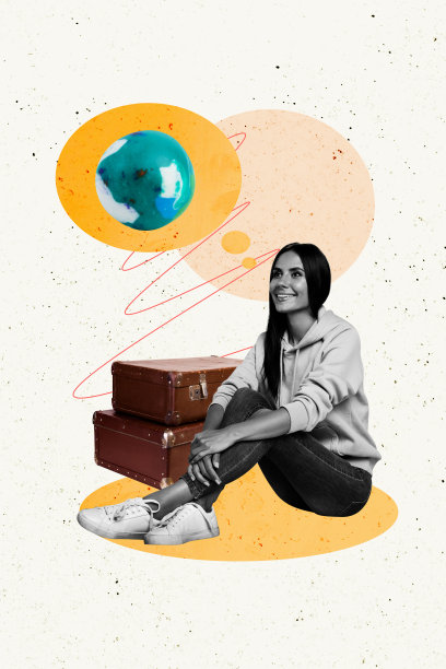 快乐女孩的垂直照片拼贴，梦想环游地球的冒险，行李箱旅行准备，移动概念，背景为涂鸦风格。图片下载