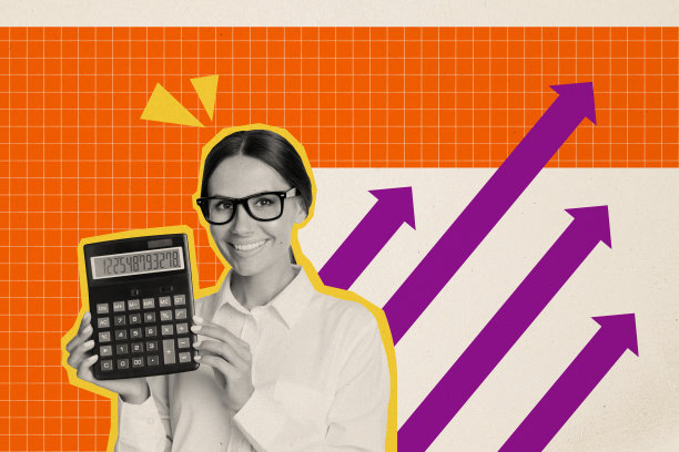 快乐女商人手持计算器，箭头向上，发展概念统计的拼贴照片，背景为涂鸦风格。图片下载