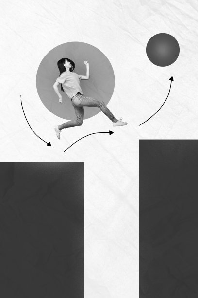 复合趋势艺术作品 3D 草图图像 照片拼贴 单色图片 年轻女性在平台上奔跑跳跃 箭头指示方向图片下载