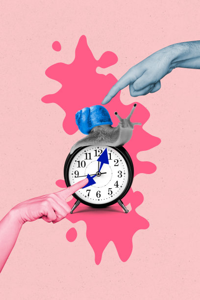 垂直照片拼贴，手指向闹钟铃声，截止日期，时间管理，蜗牛，迟到，孤立在涂鸦背景上。图片下载