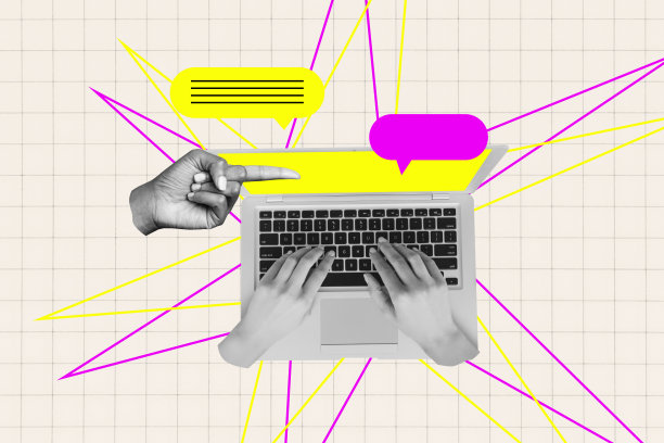 手部拼贴照片，手指指向笔记本电脑键盘，进行商务通信，背景为涂鸦风格。图片下载