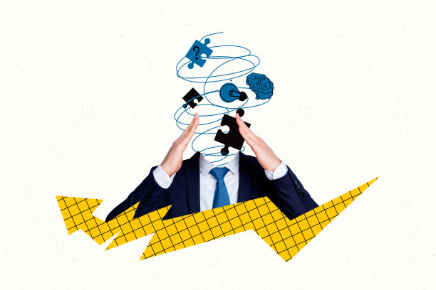 无头商人的拼贴照片，脑海中充满混乱的创意，灯泡、拼图和计划，背景为涂鸦风格。图片下载
