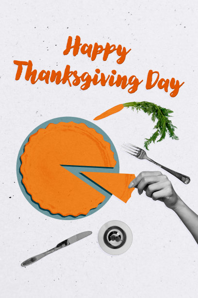 手握南瓜派、胡萝卜收获、马提尼酒杯庆祝传统的垂直照片拼贴，背景为涂鸦风格。图片下载