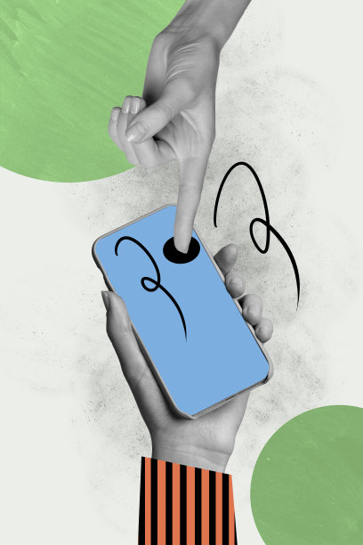 垂直照片拼贴，手握新款手机设备，购物选择，点击触摸屏界面，背景为涂鸦风格。图片下载