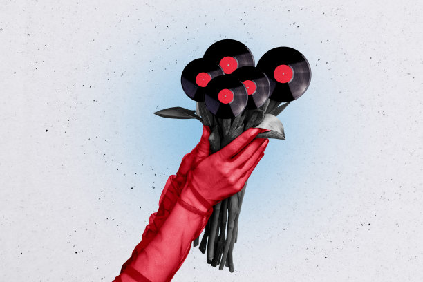 复合趋势艺术作品草图，3D照片拼贴，留白，手戴手套握着花束，礼物，黑胶唱片，过时的听音乐方式图片下载