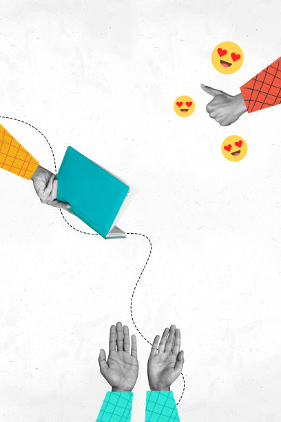 垂直照片拼贴，手握小说，手掌做出心形反应，配有心眼表情符号和微笑，背景为涂鸦风格。图片下载