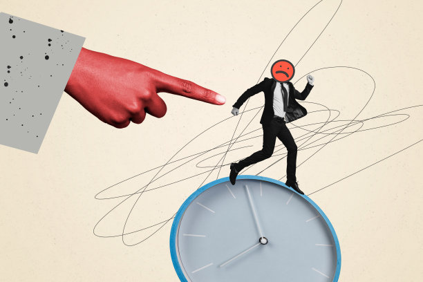 合成照片拼贴，匿名男子的头部是悲伤的表情符号，老板的手指着迟到的截止日期，手表和日程安排，背景为涂鸦风格。图片下载