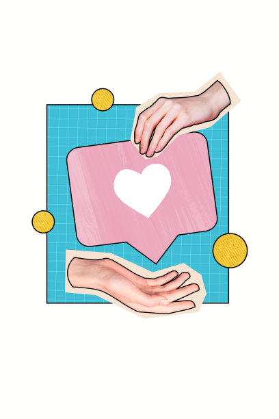 垂直照片拼贴，手握爱心图标，情人节明信片，博客反应反馈评论，背景为涂鸦风格。图片下载