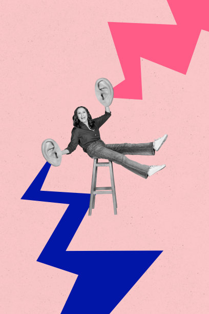 快乐的老奶奶坐在椅子上，手捂耳朵，倾听八卦和秘密，背景为涂鸦风格的画面，形成竖向照片拼贴。图片下载