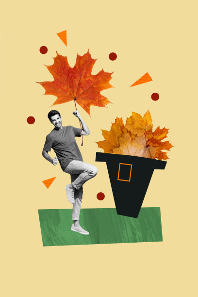 秋季感恩节传统盛宴派对的复合趋势3D草图照片拼贴，年轻男子手持枫叶，戴着大帽子。图片下载