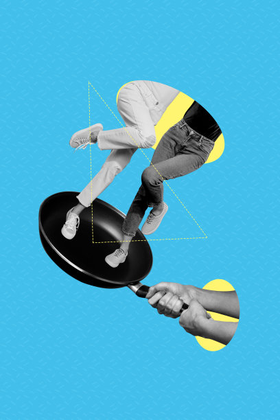 超现实模特摆姿势的合成趋势艺术草图，照片拼贴，两个没有身体的人手持厨房用具的煎锅。图片下载