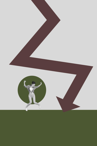 设计杂志 3D 海报图像照片拼贴，展示一位缺乏经验的女商人和男商人站在箭头前，象征经济衰退危机。图片下载