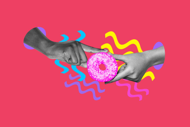 两只手分享甜甜圈的拼贴照片，粉色奶油和撒上糖屑的甜点，咖啡馆的碳水化合物营养，背景为涂鸦风格。图片下载