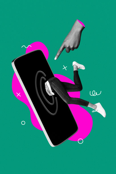 女性腿部的垂直照片拼贴，展示了手机屏幕成瘾这一现代科技问题，手指指向被涂鸦背景隔离的场景。图片下载