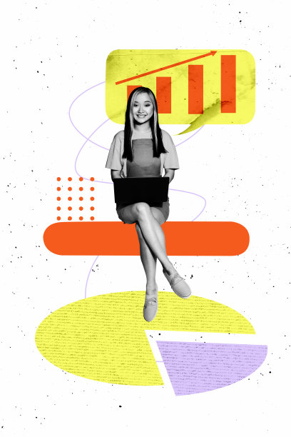 趋势艺术作品复合横幅 3D 照片拼贴，年轻女士坐在方块上，使用笔记本电脑分析箭头增长图形，目标商业。图片下载