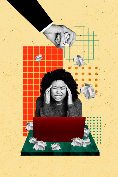 垂直照片拼贴，沮丧的美国女商人在办公室坐着，手里拿着扔掉的皱纸，背景为涂鸦风格。图片下载