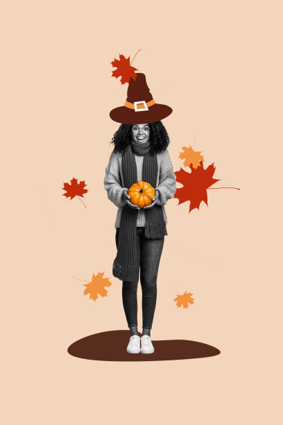 快乐的美国女孩穿着温暖的围巾和帽子，手里拿着秋天的南瓜，背景是涂鸦风格的秋季枫叶的竖版照片拼贴。图片下载