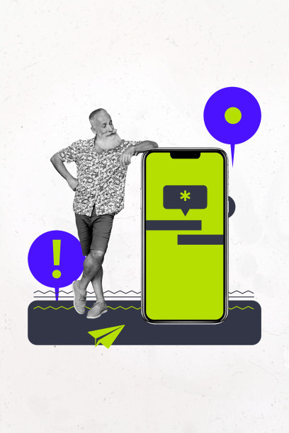 趋势艺术横幅草图 3D 照片拼贴，老年人站在大尺寸智能手机显示屏前，触摸屏上有文本云气球的引用评论图片下载