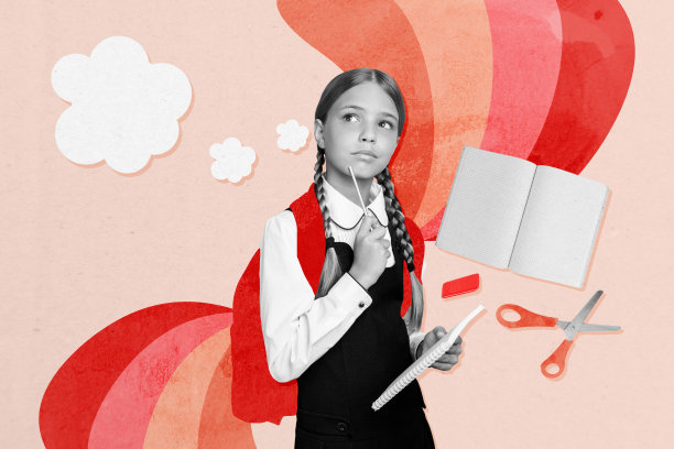 独特的照片拼贴，展示快乐梦幻的女学生手持笔记本、铅笔、云朵、梦幻笔记本、剪刀和橡皮等文具。图片下载