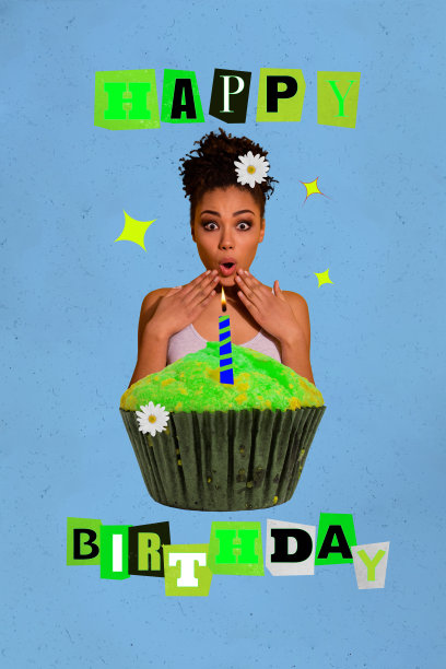 流行横幅时尚垂直照片拼贴，快乐女孩许愿，杯子蛋糕蜡烛，营养，生日派对，洋甘菊假日图片下载