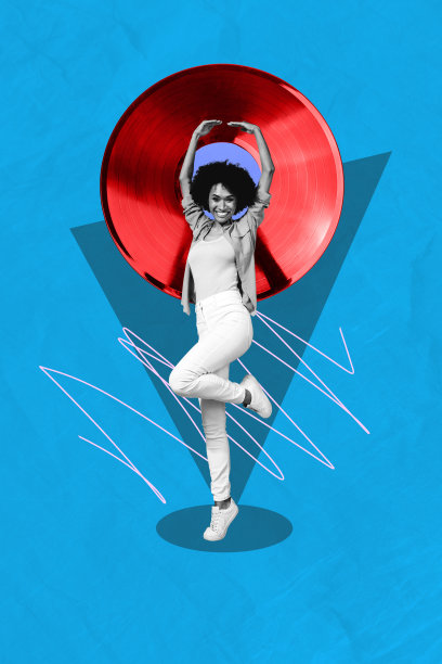 时尚艺术合成素描图像，照片拼贴展示无忧无虑的派对庆祝假期，年轻女性在巨大的黑胶唱片上跳舞，享受音乐。图片下载