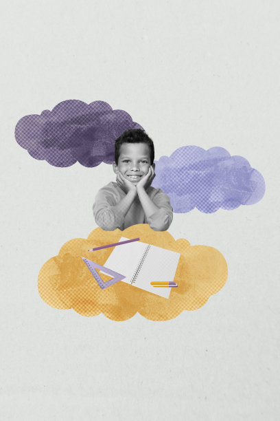 趋势艺术复合横幅 3D 照片拼贴，九月学生在大学学习，年轻男孩坐着微笑，打开笔记本，手持钢笔。图片下载