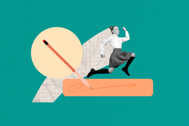 快乐的女学生奔跑的横幅杂志3D海报图像照片拼贴，箭头、笔涂鸦，回到学校的学习者，九月秋季。图片下载