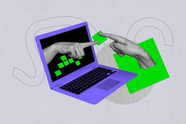 复合趋势艺术作品草图图像，笔记本电脑显示器的照片拼贴，空白处显示手指指向，办公室经理搜索。图片下载