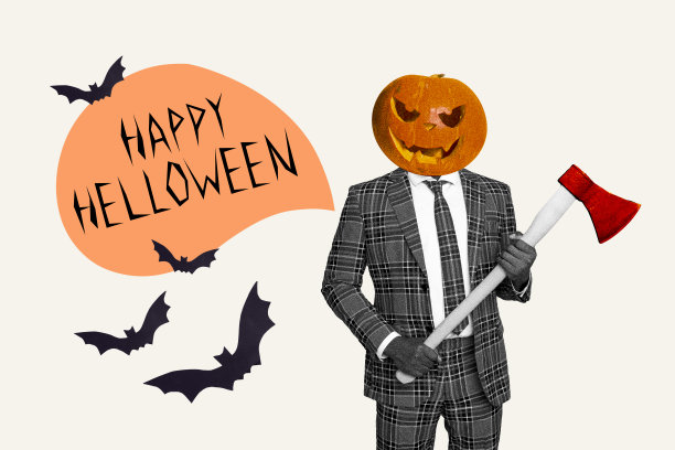 合成照片拼贴，匿名男子的头部被雕刻成南瓜，手持斧头，庆祝万圣节，背景为涂鸦风格。图片下载