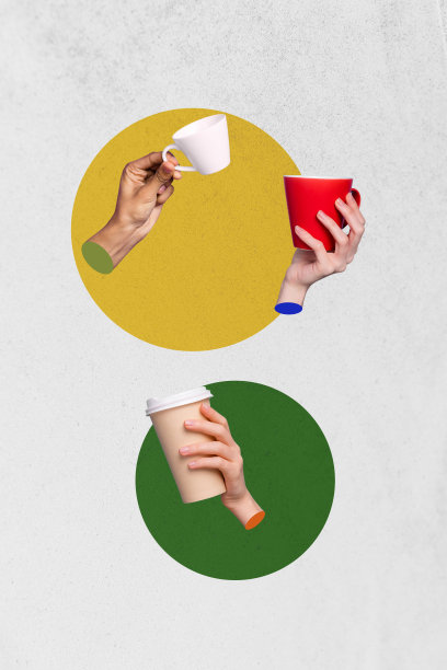 垂直照片拼贴，手部和身体碎片握着杯子，咖啡或茶的时光，暂停休息，咖啡馆菜单点单，液体饮料。图片下载