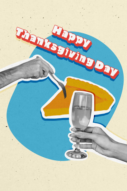 垂直照片拼贴，手部刺穿南瓜，感恩节传统，派块，香槟祝酒饮品，孤立在涂漆背景上图片下载