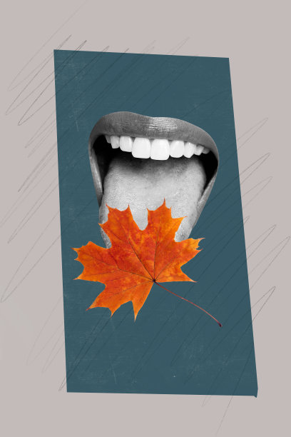 无脸的嘴巴舔干枫叶的垂直照片拼贴，秋季氛围装饰，孤立在涂漆背景上。图片下载