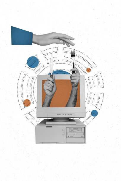 垂直照片拼贴，手握刀叉，窥视电脑屏幕，餐饮服务订单，网络攻击，背景为涂鸦风格。图片下载