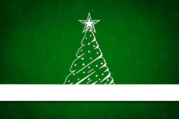 一幅横向的矢量壁纸，描绘了一棵白色涂鸦风格的卡通抽象圣诞树，顶部有一颗星星，底边有条纹标签，背景是明亮而生动的深绿色雪花飘落的圣诞场景，留有空白空间供贺卡使用。图片下载