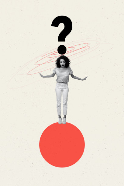 惊讶的美国女孩的竖版照片拼贴，站立在画背景上，面临疑问、困境、震惊和决策。图片下载