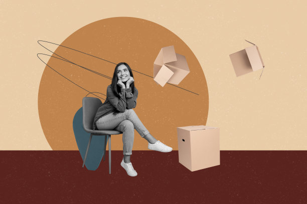 时尚艺术创意全彩杂志照片拼贴，快乐的女孩和男孩站在快递服务的箱子旁，地理位置图标，快速进口分发图片下载