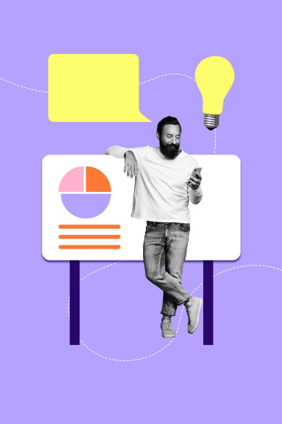 3D照片拼贴艺术作品，年轻男子站着手持板子和智能手机，理想与演讲气泡，商业目标、成功和图表。图片下载