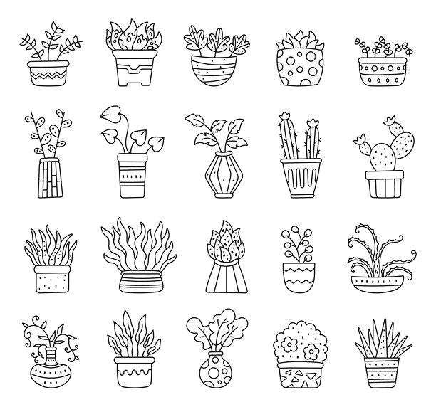 室内植物花盆套装，采用线条艺术风格，适合插图和自然舒适空间，营造宁静的家庭氛围和创意设计项目。图片下载