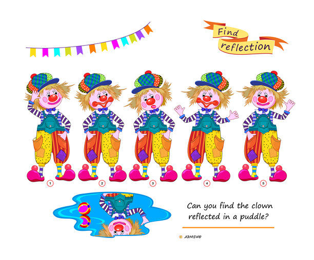 你能在水坑中找到小丑吗？适合儿童和成人的逻辑谜题游戏。脑筋急转弯书的页面。培养空间思维。注意力训练任务。平面矢量图像。图片下载