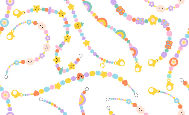 无缝图案的儿童首饰。塑料珠子装饰的手工制作元素，90年代风格的首饰，包括友谊手链和字母珠。图片下载