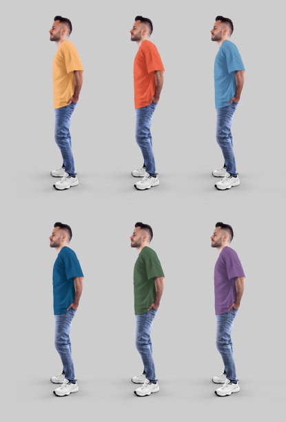 穿着牛仔裤和运动鞋的胡子男士身穿明亮的超大号T恤的全身侧面展示，适用于设计和品牌推广。图片下载