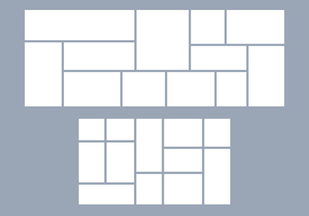 带有照片布局和马赛克模板的相框，适用于拼贴或情绪板。背景板或相册可用于日记、传单或横向漫画面板。适合用于故事板或卡通页面。图片下载