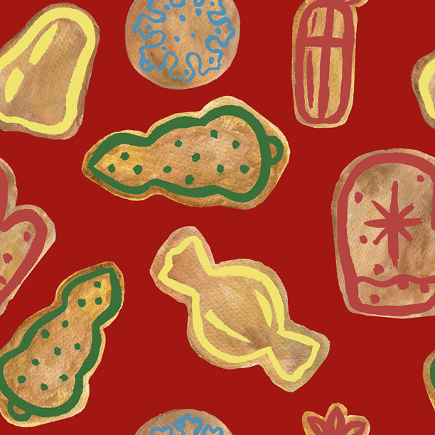 姜饼树礼物糖果手套圣诞烘焙假日饼干与糖霜无缝图案水彩构图，孤立在红色背景上，适用于卡片、纺织品和餐具。图片下载