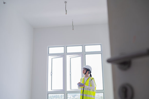 亚洲女性中国检查员在新建筑单元内检查缺陷，以便在交付给客户之前进行确认的库存照片图片下载