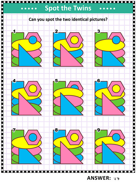 智力训练教育数学谜题，适合儿童和成人，包含基本形状 - 矩形、三角形、椭圆、六边形、圆形 - 叠加和颜色：你能找到两幅相同的图片吗？图片下载