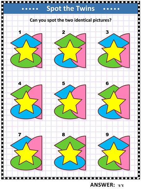 智力训练教育数学谜题，适合儿童和成人，包含基本形状 - 椭圆形、星形、半圆形、菱形或钻石 - 叠加和颜色：你能找到两幅相同的图片吗？图片下载