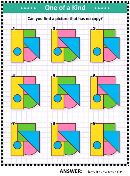 智力训练教育数学谜题，适合儿童和成人，包含基本形状 - 三角形、矩形、圆形、正方形 - 叠加和颜色：你能找到没有复制的图片吗？答案已包含。图片下载