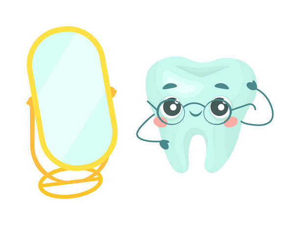 可爱的牙齿角色戴着眼镜，正在镜子前看自己。自我检查、牙科检查或教孩子们刷牙和口腔卫生的概念。图片下载