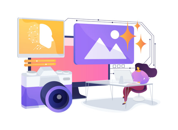 AI增强照片编辑的抽象概念矢量插图。图片下载