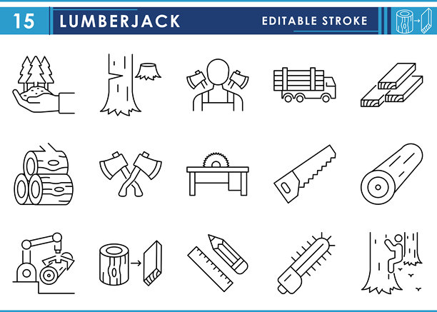 与伐木工相关的一组线条图标。木材、家具、砍伐、工具、链锯等。可编辑矢量线条。图片下载